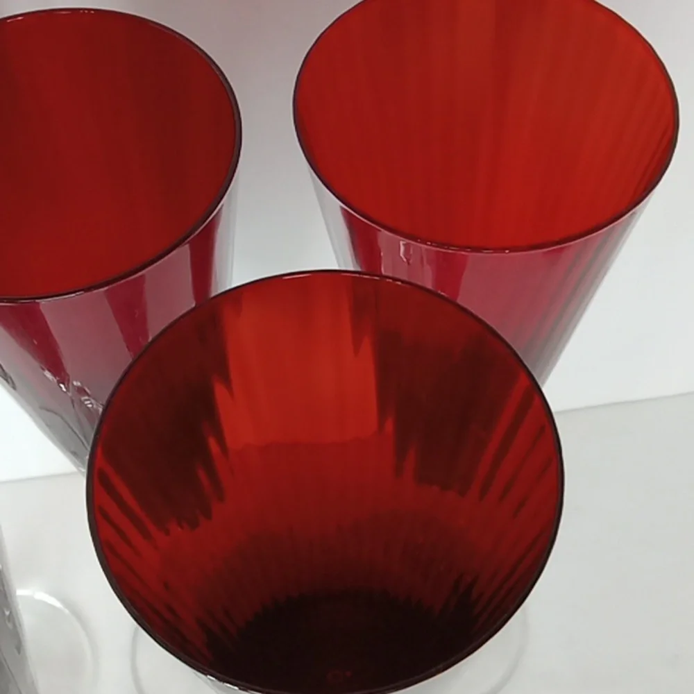 Vintage Ruby Red Ribbed Crystal Tall Stemmed Champagne Flutes Glasses Set Of 5
